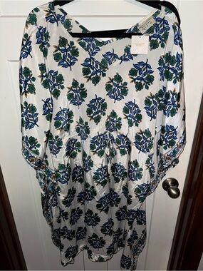 Floral Swim Coverup in White and Blue - Boho Wrap Style
